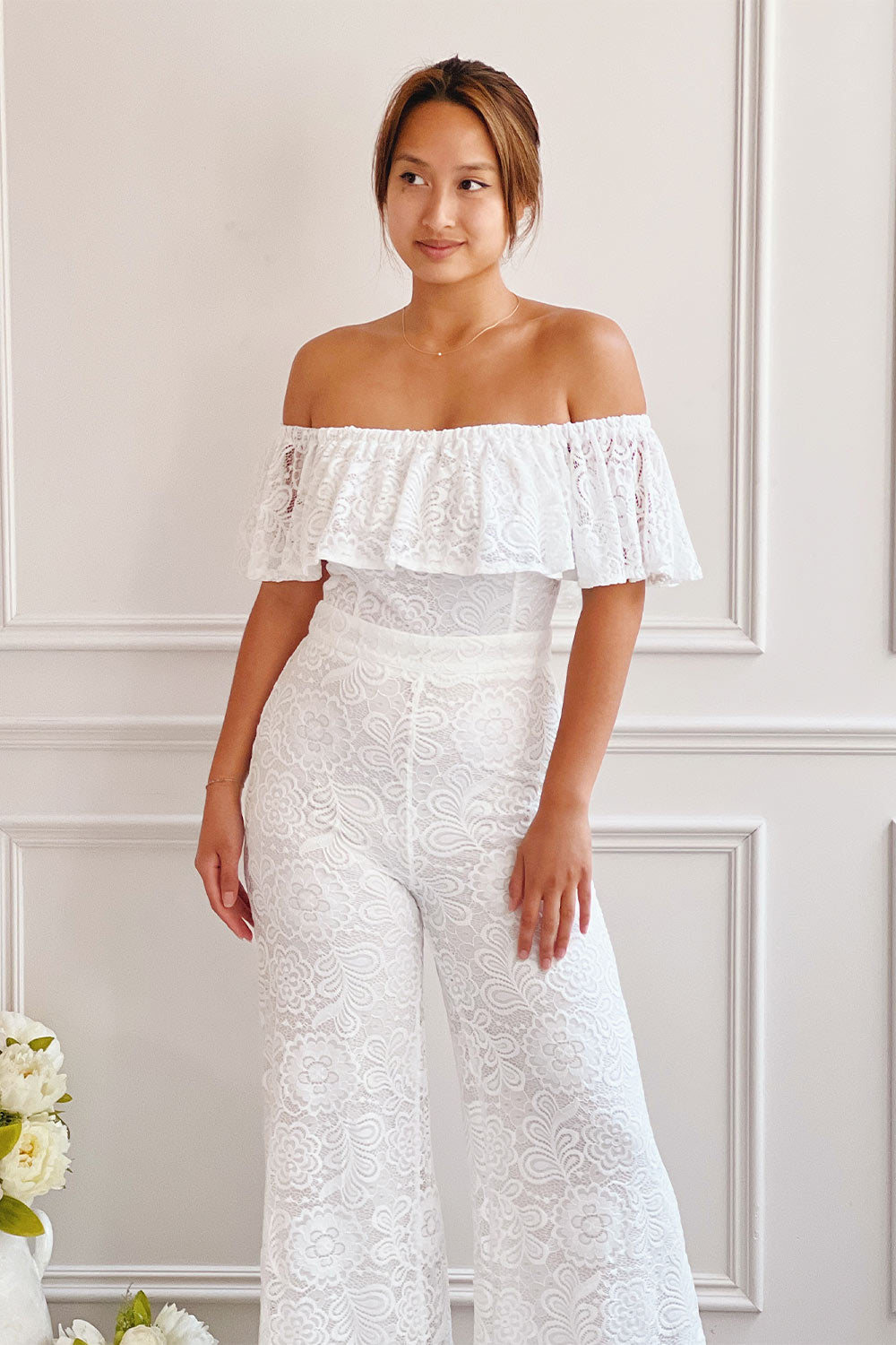 Isolabella | White Lace Jumpsuit -Boudoir 1861 on model
