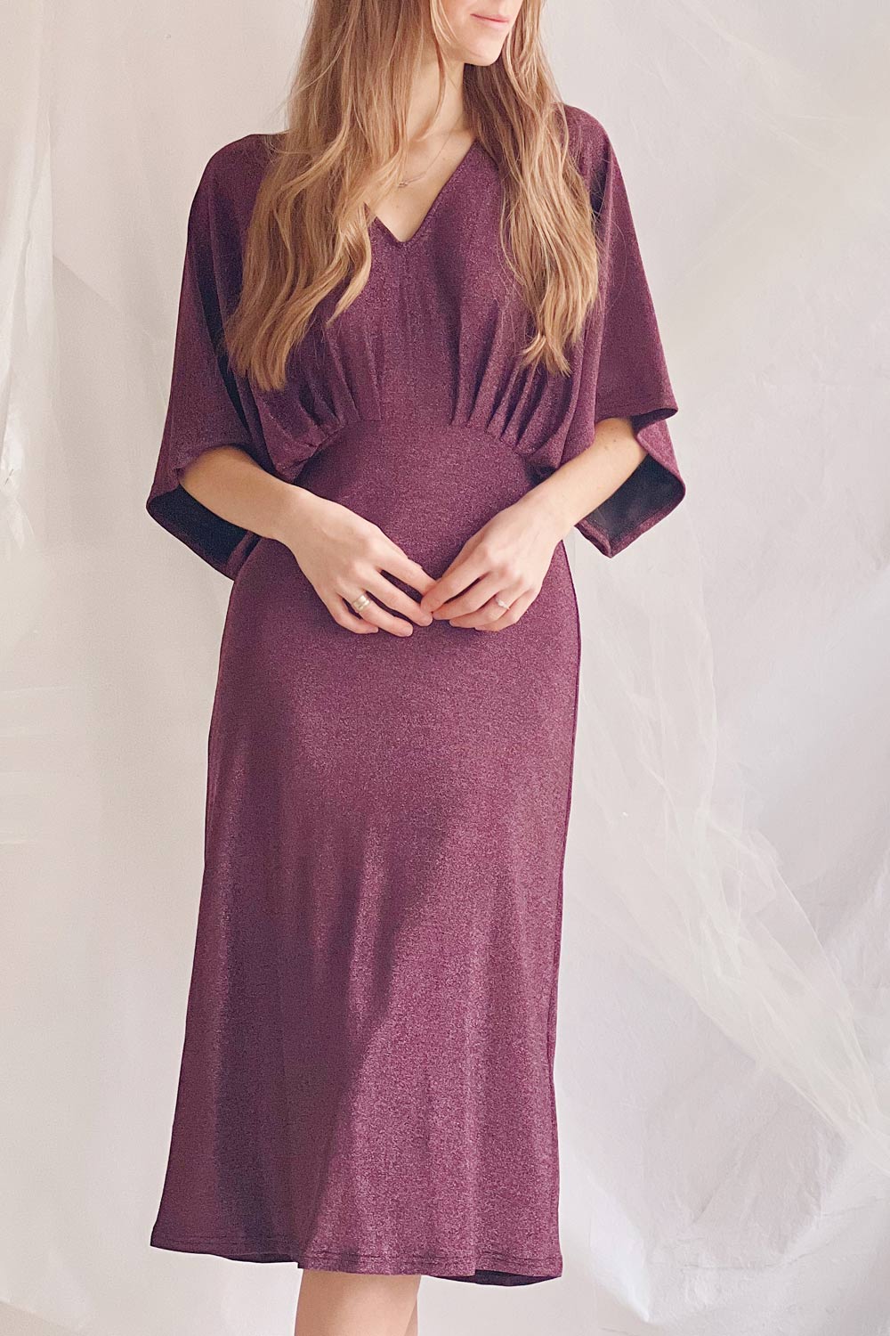Isuma | Shimmery Midi Dress w/ Short Batwing Sleeves- boutique 1861 on model