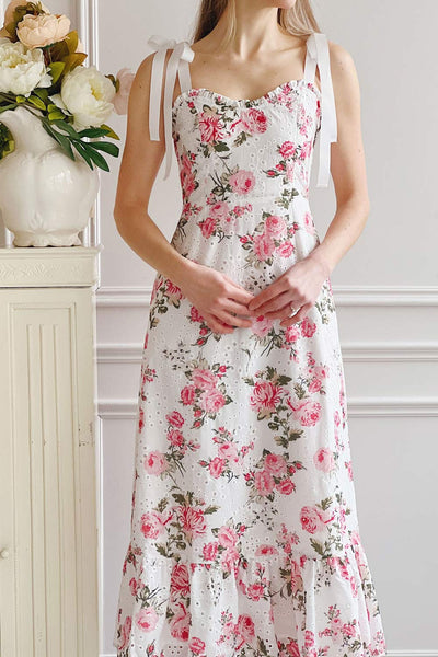 Jihoon | Tie Strap White Floral Midi Dress w/ Ruffles- Boutique 1861 on model