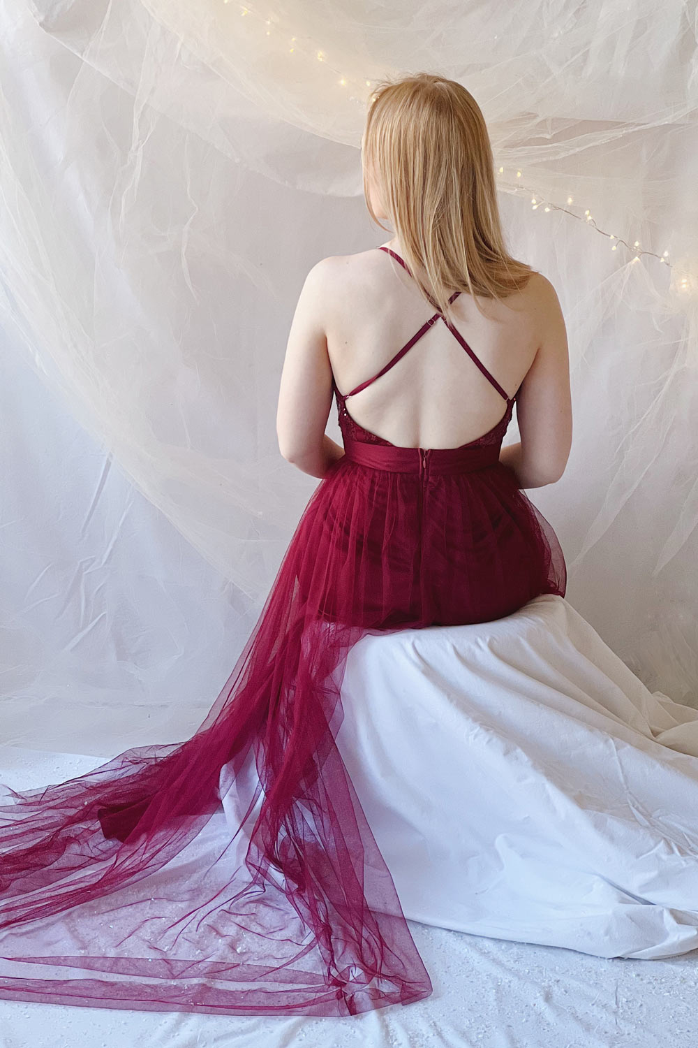Kaia Burgundy Sequin Gown | Boutique 1861 back model