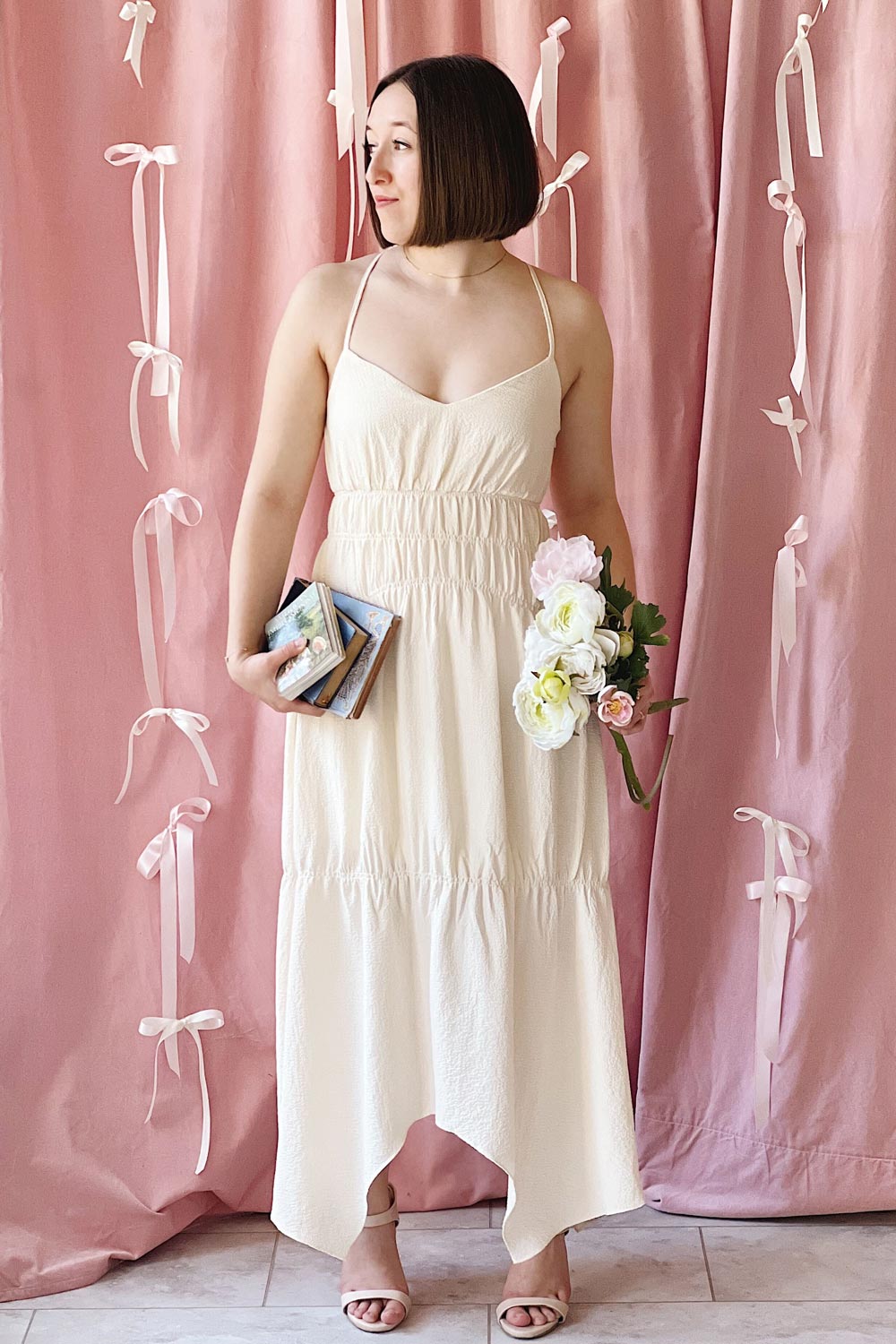 Laurelou | Ruched Cream Midi Dress w/ Thin Straps- Boutique 1861 on model