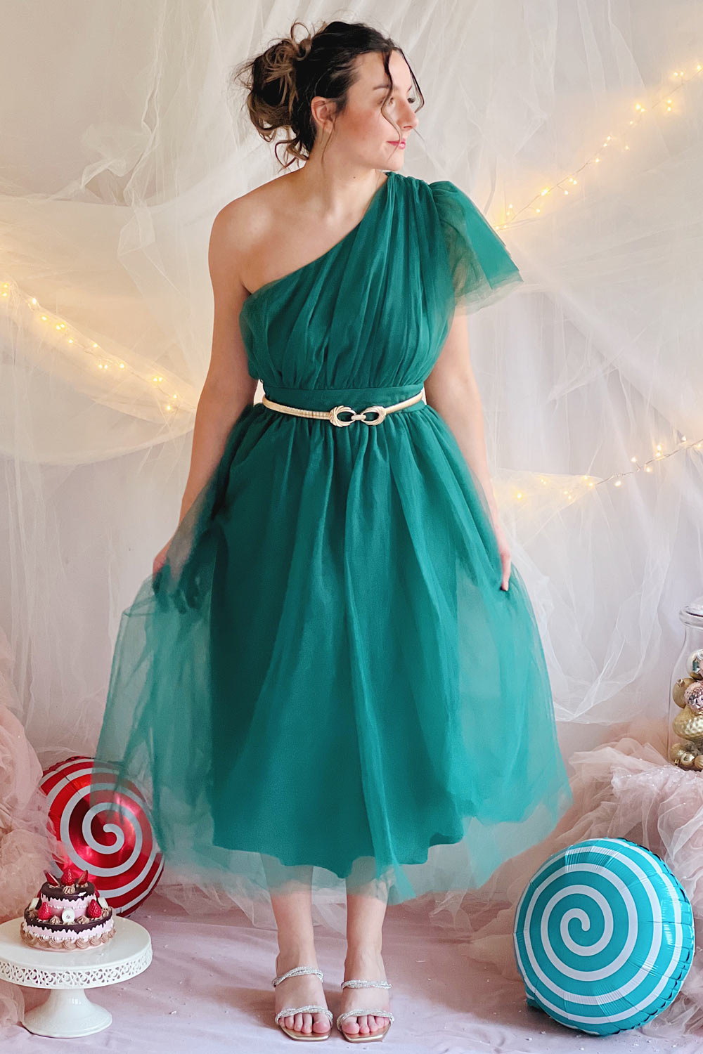 Leillia | Teal Tulle Midi Dress - Boutique 1861 on model