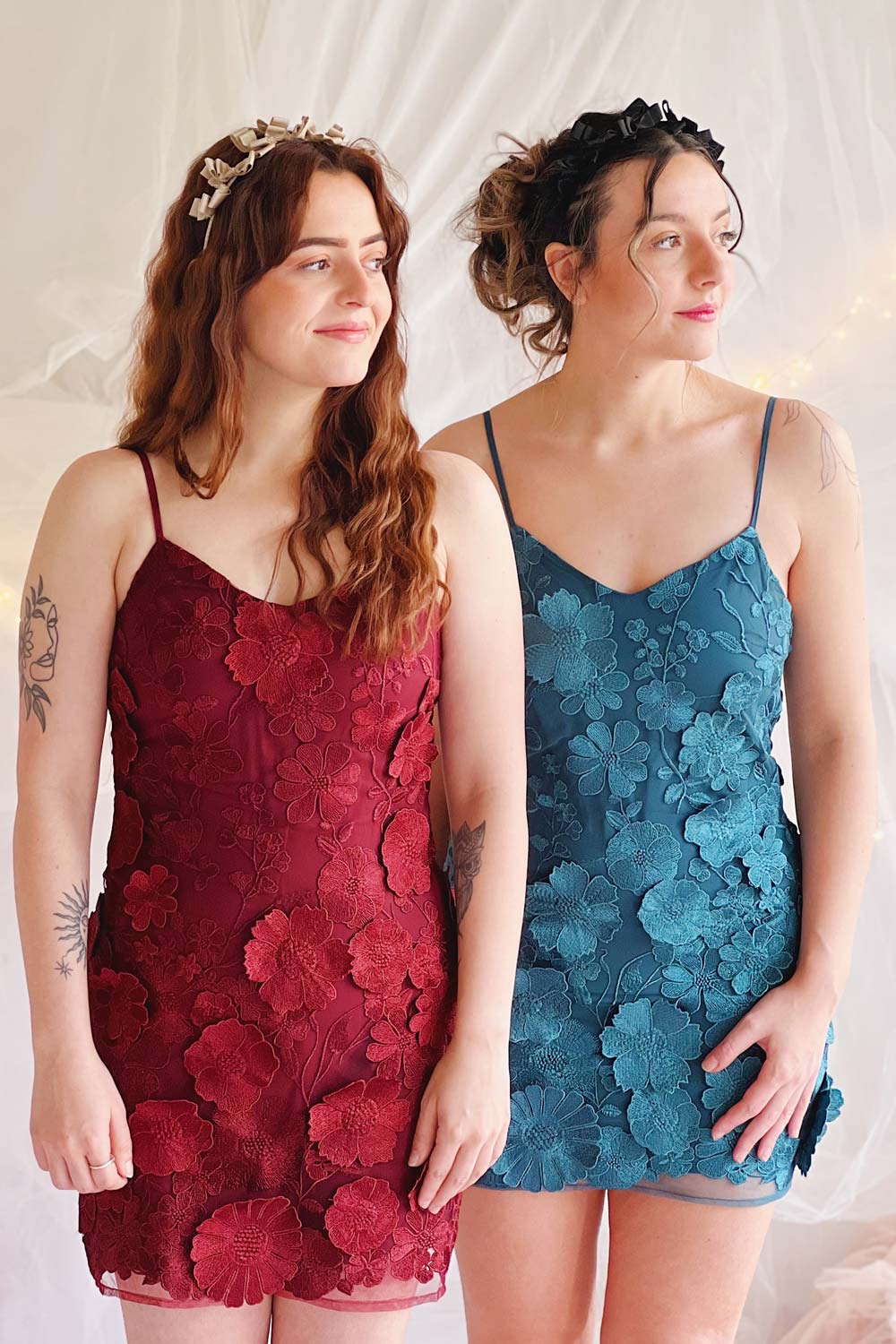 Liliane Teal | Short Mesh Dress w/ Floral Appliqués- Boutique 1861 on model