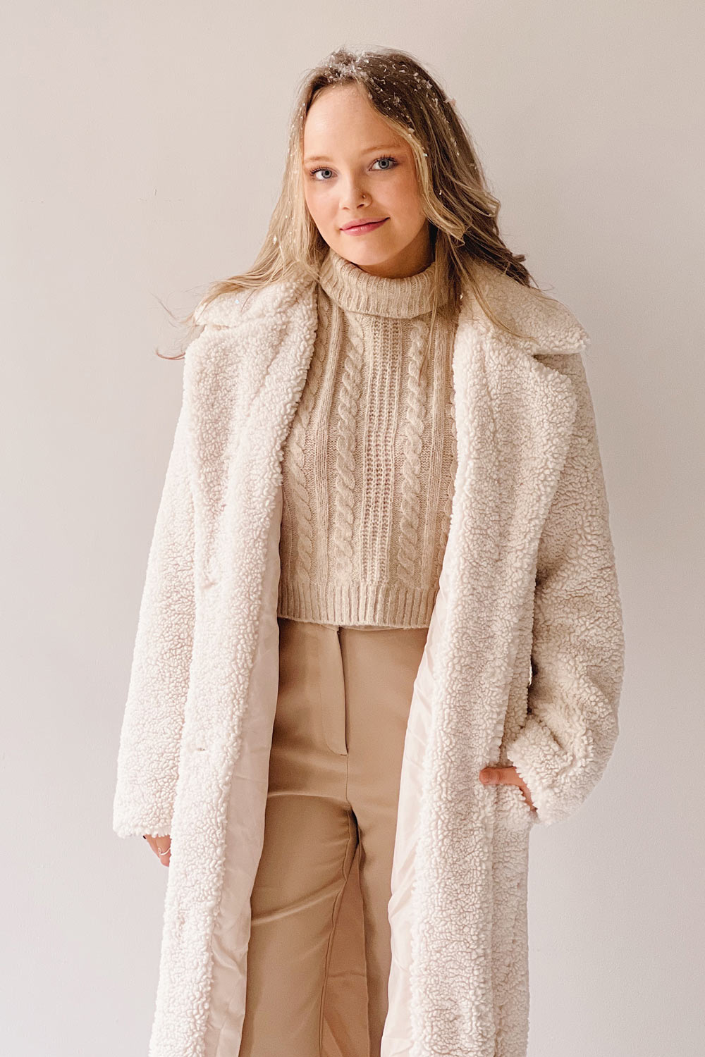 Zaria | Long Ivory Sherpa Coat- boutique 1861 on model