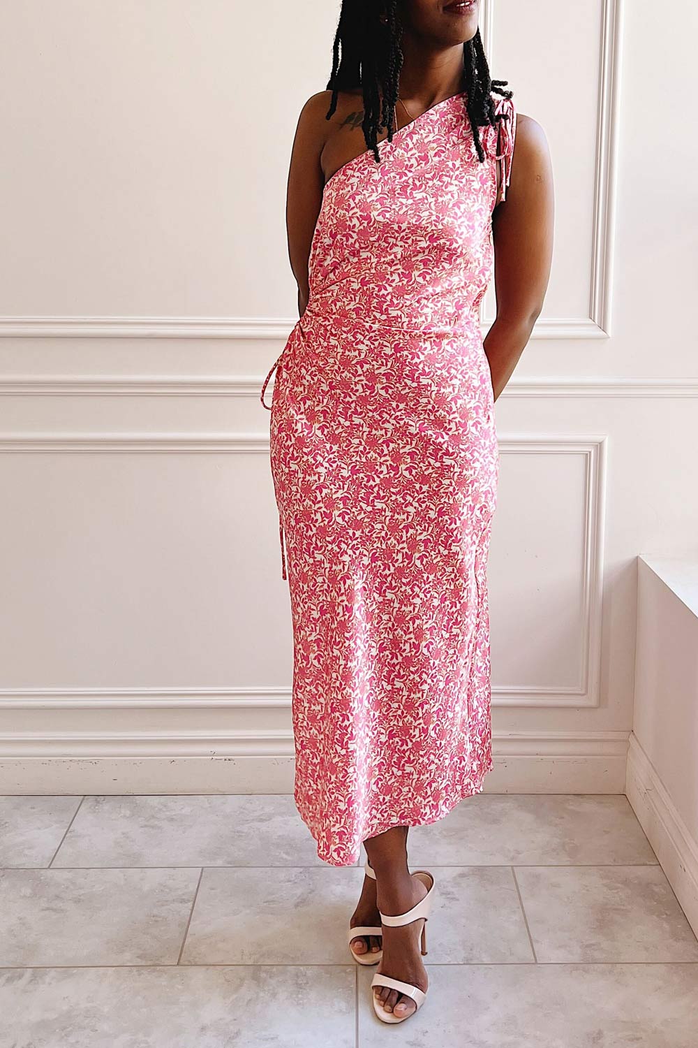 Marion | One-Shoulder Floral Satin Midi Dress- boutique 1861 on model front view