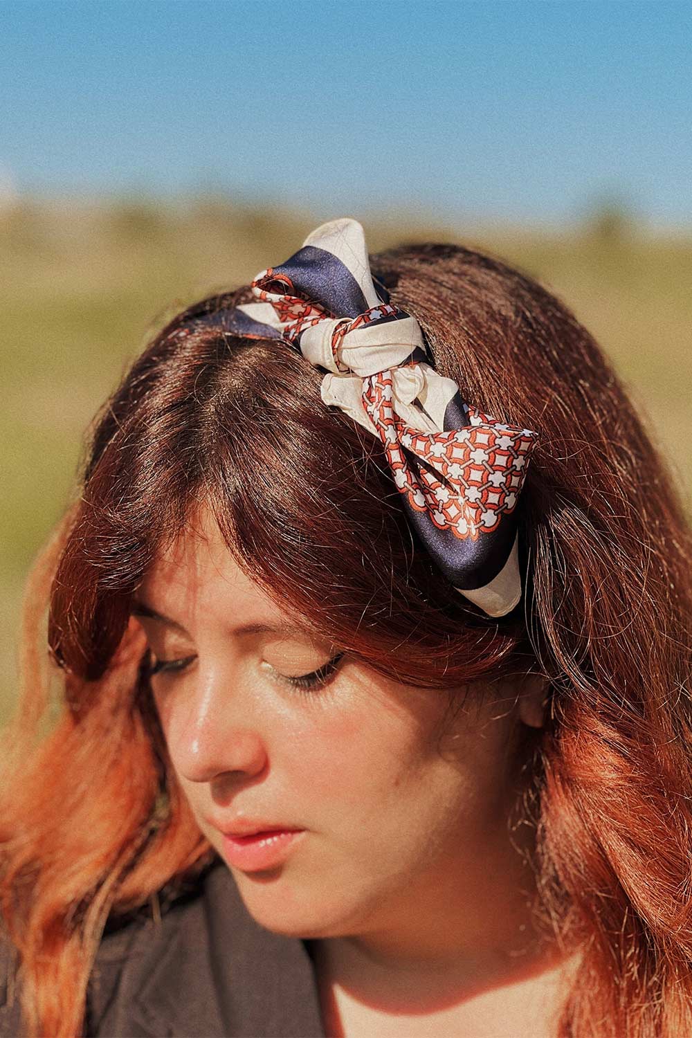 Mississauga | Navy & Red Patterned Satin Scarf Boutique1 1861 on model