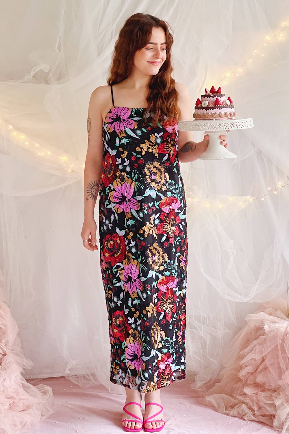 Myrine | Straight Midi Dress w/ Sequin Flowers- Boutique 1861 on model
