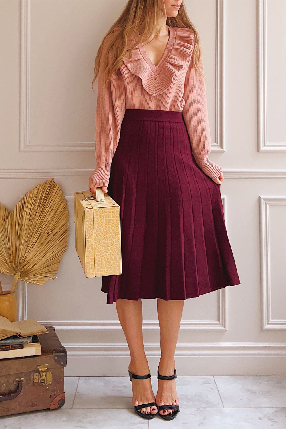 Neve Burgundy Midi Knit Pleated Skirt | Boutique 1861 on model