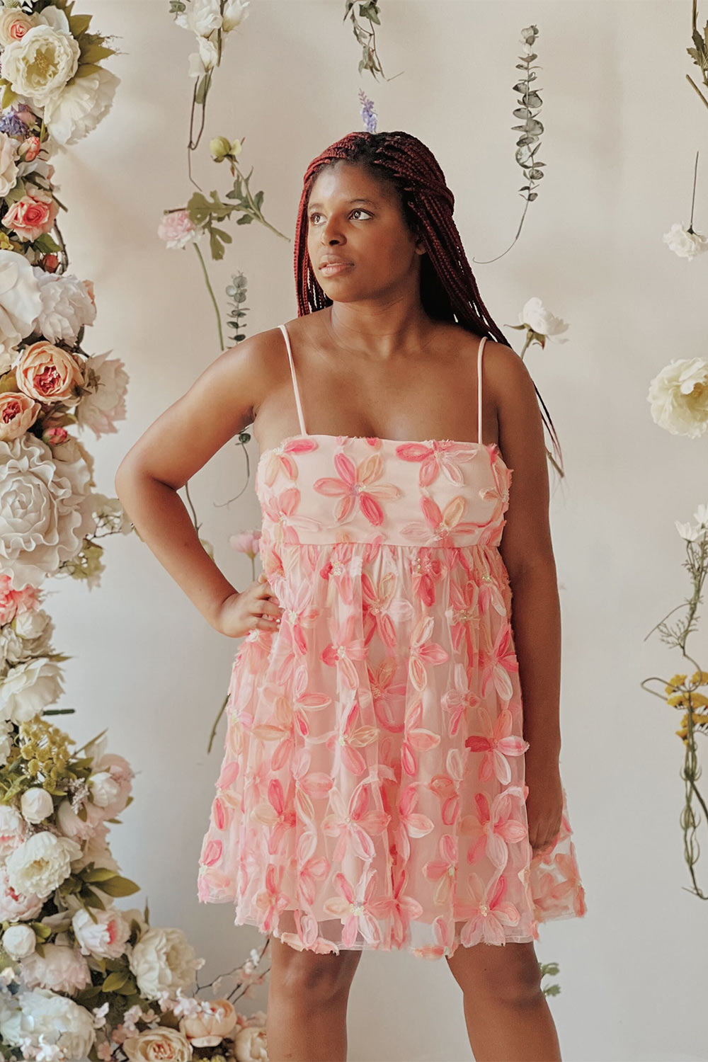Paolina | Short Pink Floral Babydoll Dress-Boutique 1861 on model