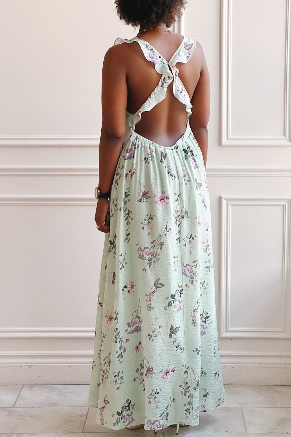 Queenie Beige | Floral Maxi Dress w/ Ruffled Straps- Boutique 1861 on model
