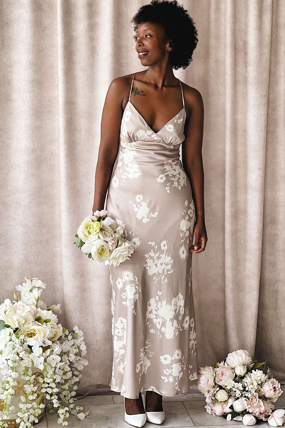 Quovadine | Floral Satin Dress w/ Open-Back- boutique 1861 on model