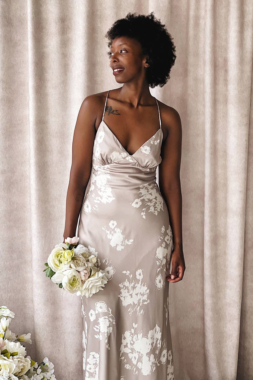 Quovadine | Floral Satin Dress w/ Open-Back- boutique 1861 on model close up