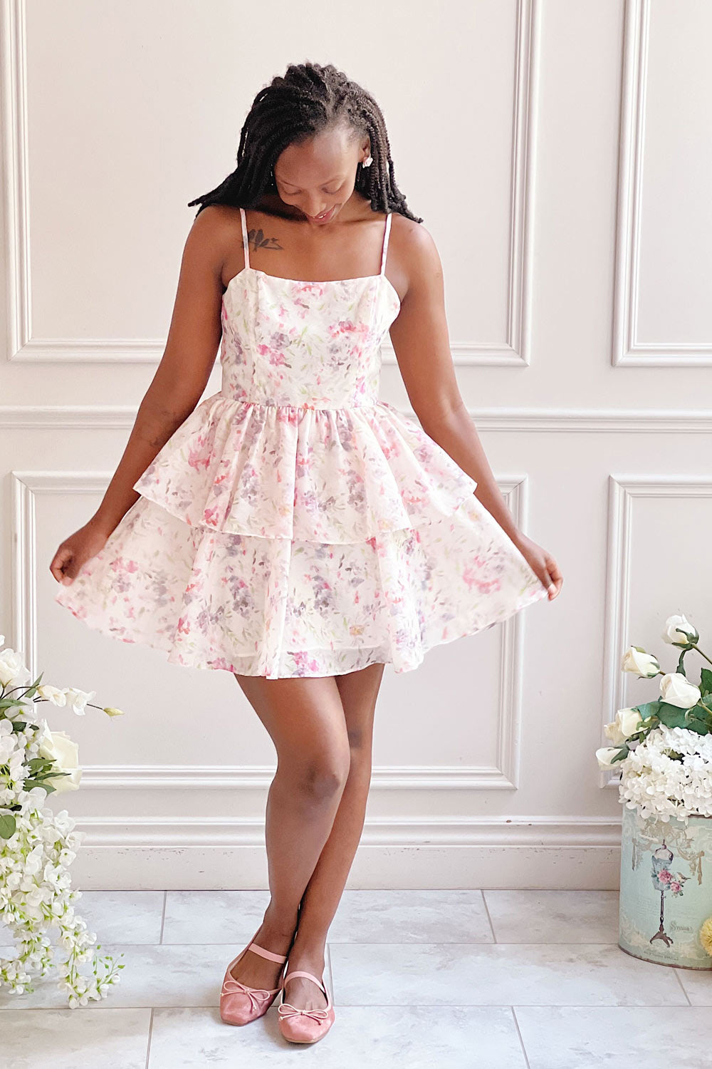 Ripley | Short Floral Organza Dress- Boutique 1861 on model