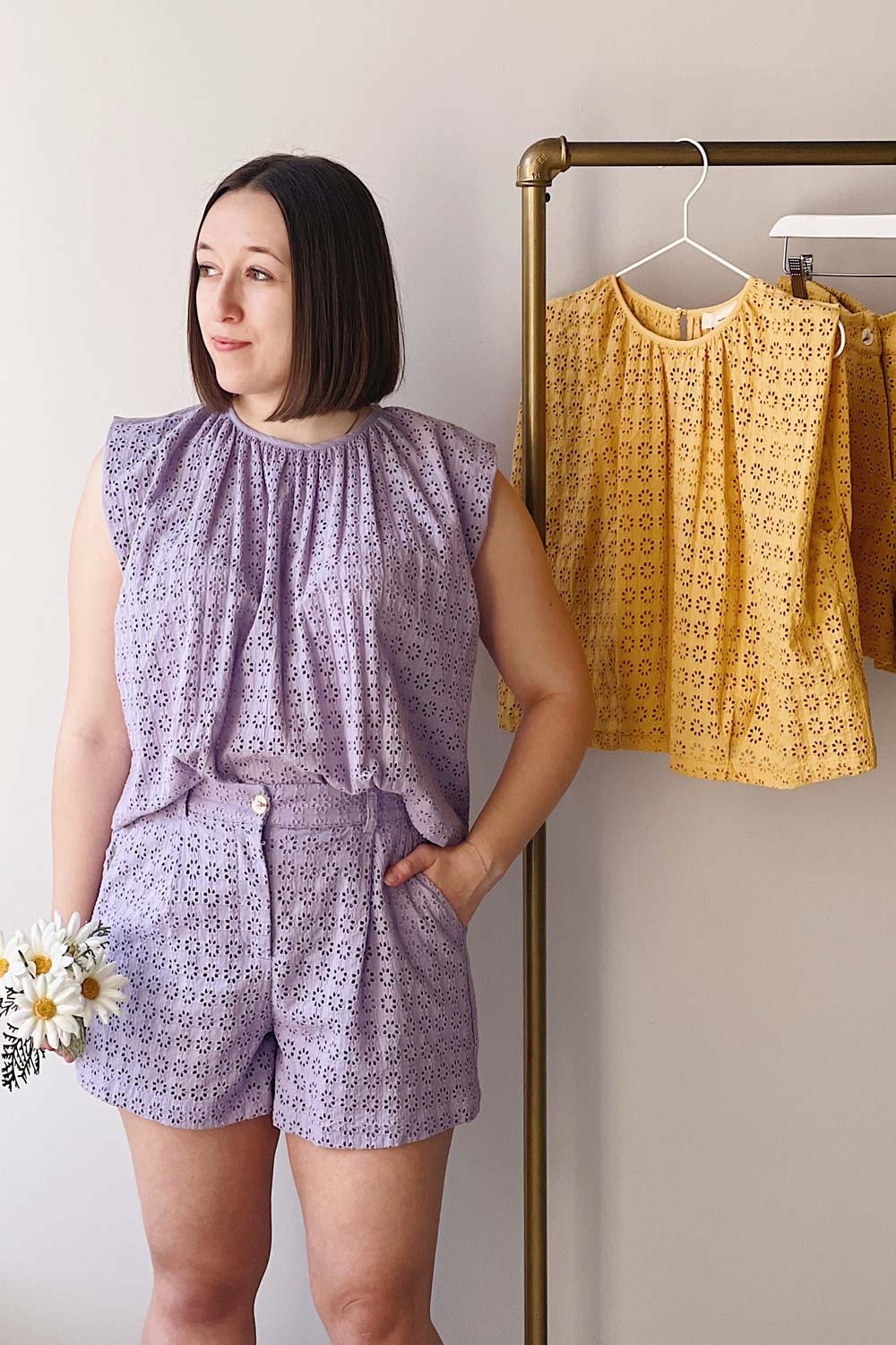 Mobberley Lilac | High-Waisted Shorts w/ Openwork Embroidery- Boutique 1861 on model