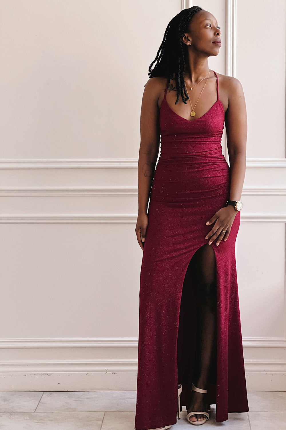 Samira Burgundy | Sparkly Mermaid Maxi Dress w/ Slit- boutique 1861 on model