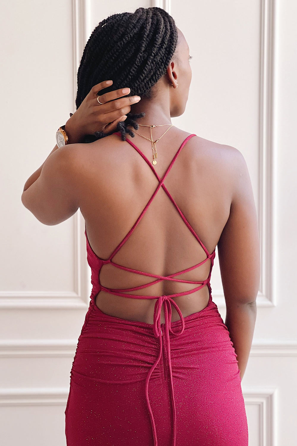 Samira Burgundy | Sparkly Mermaid Maxi Dress w/ Slit- Boutique 1861 on model back