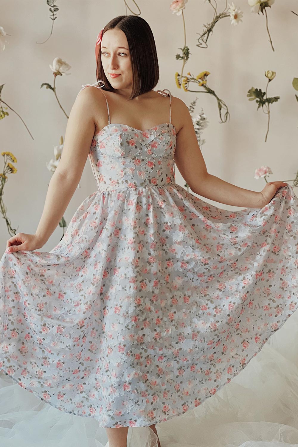Saphira | Blue Bustier Floral Midi Dress- Boutique 1861 on model