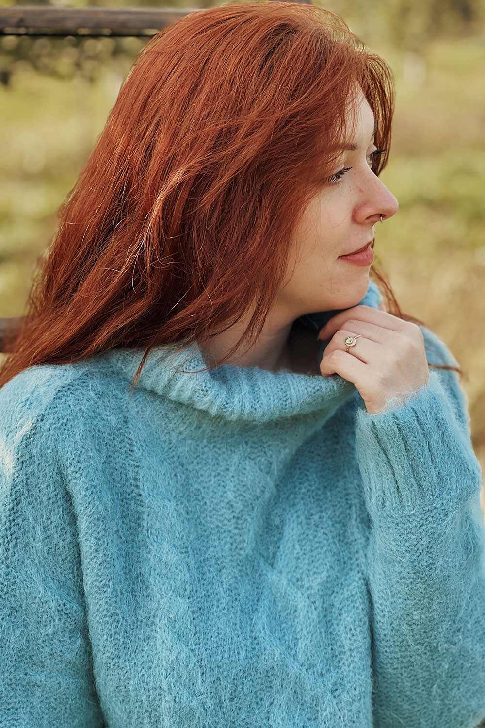 Seattle Teal | Fuzzy Knit Turtleneck Sweater- Boutique 1861 on model