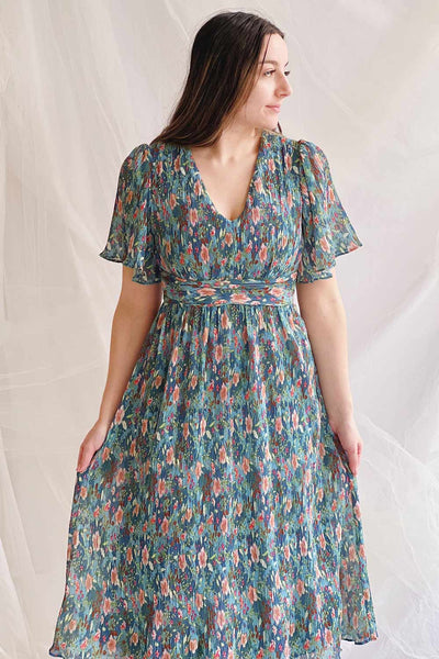 Veridian | Pleated Floral Midi Dress- Boutique 1861 on model full length