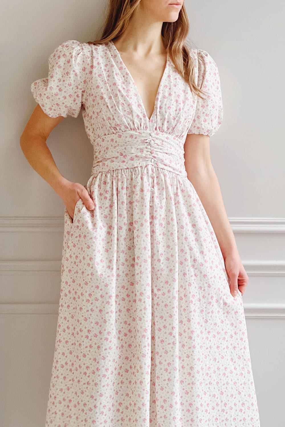 Veronique | Midi Floral Dress w/ Puffy Sleeves- Boutique 1861 on model