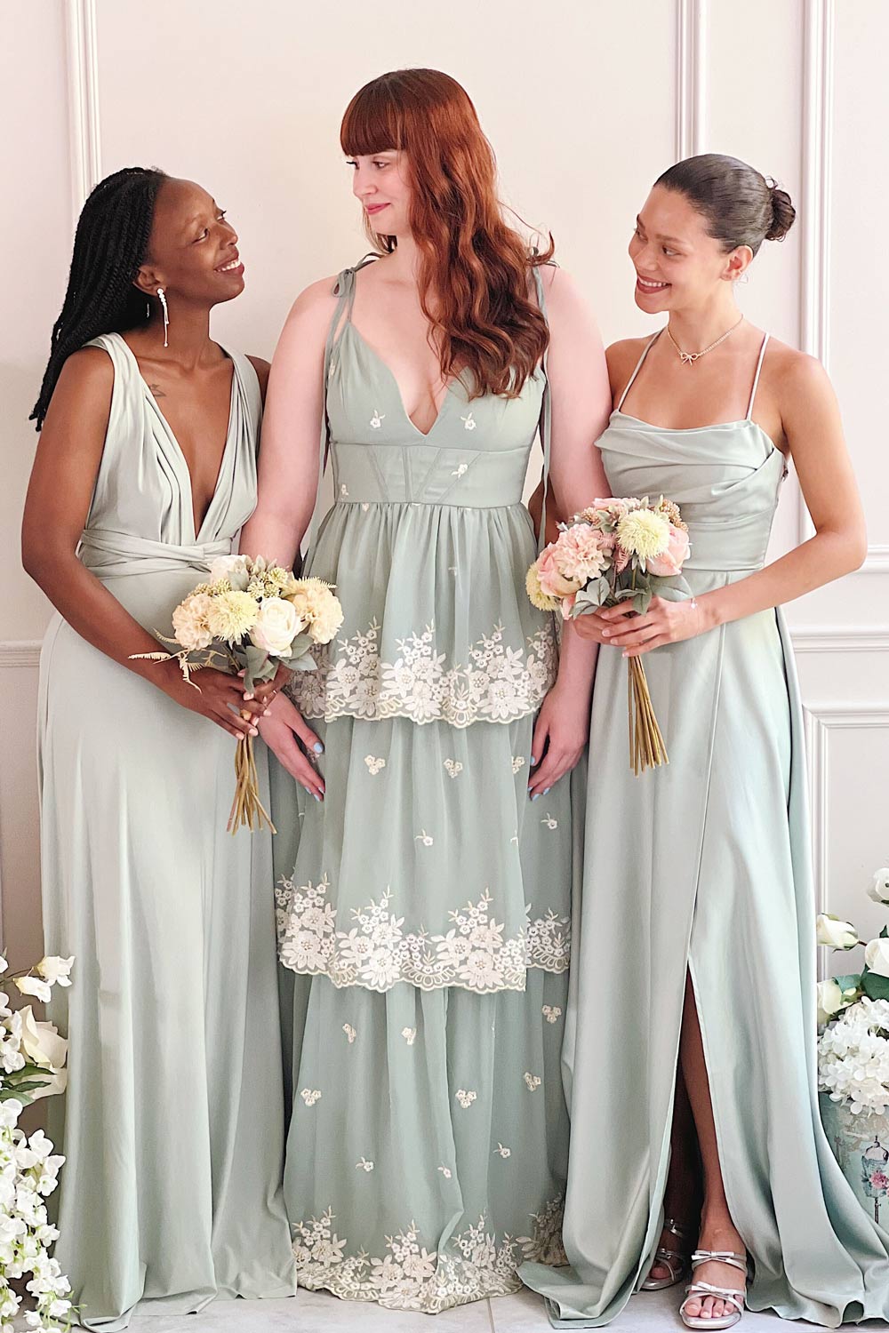 Taliana Sage | Chiffon Maxi Dress w/ Floral Embroidery- Boutique 1861 on model