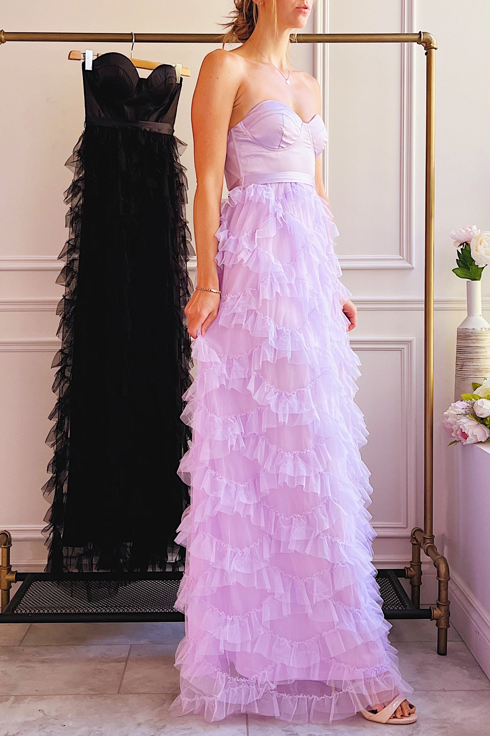 Jurin Lavender | Bustier Maxi Dress w/ Ruffled Tulle