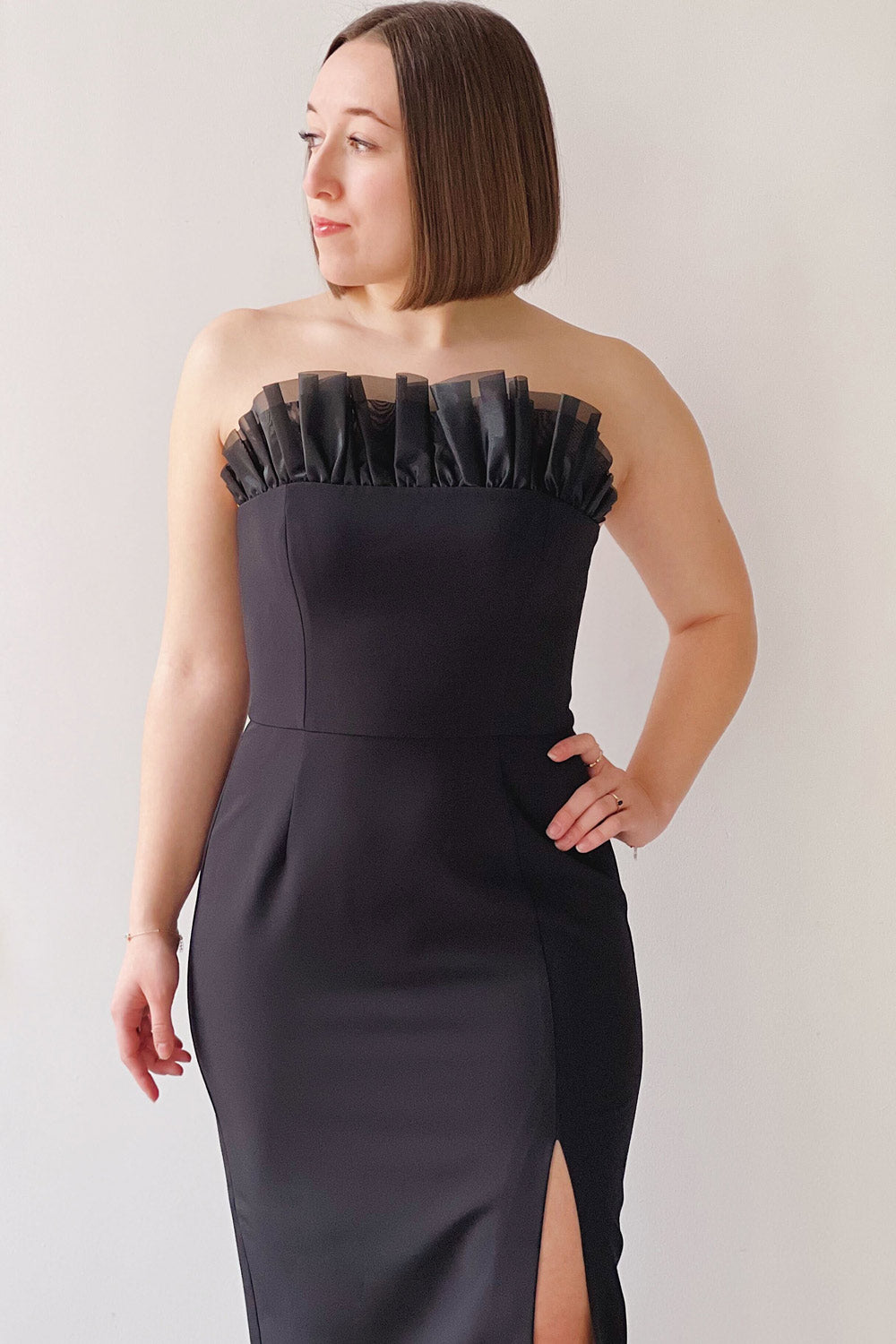 Scarabella | Strapless Black Midi Dress-Boutique 1861 on model