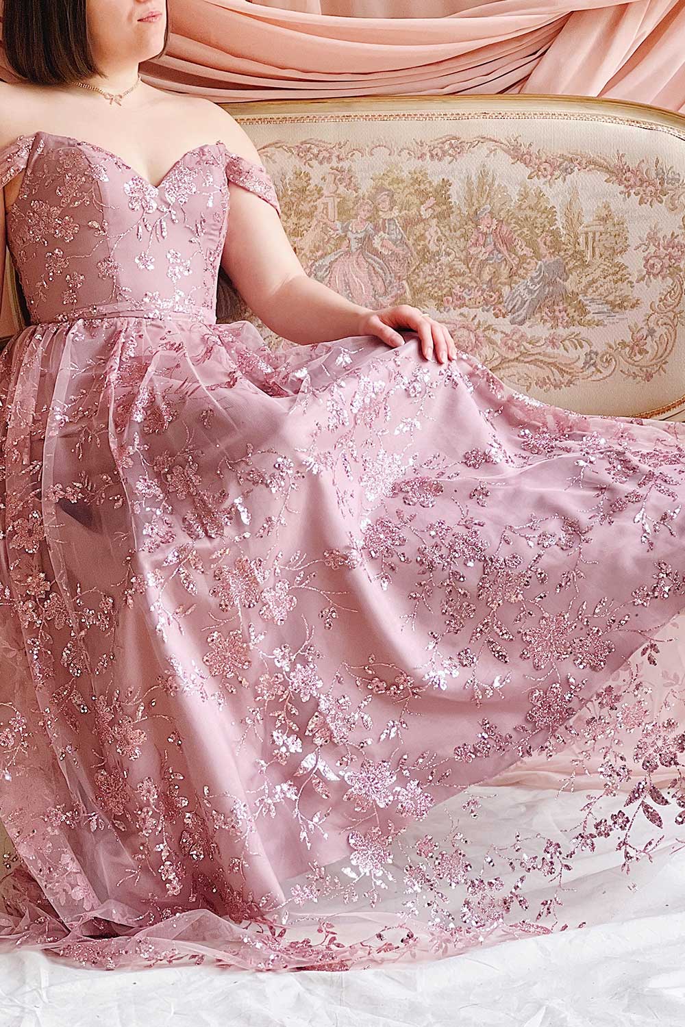 Alienor | Glittery Off the Shoulder Mesh Maxi Dress Boutique 1861 model