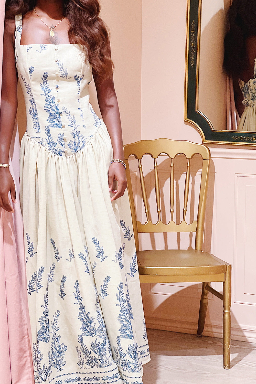Anthea | Beige Floral Long Dress with Scalloped Straps Boutique 1861 on model