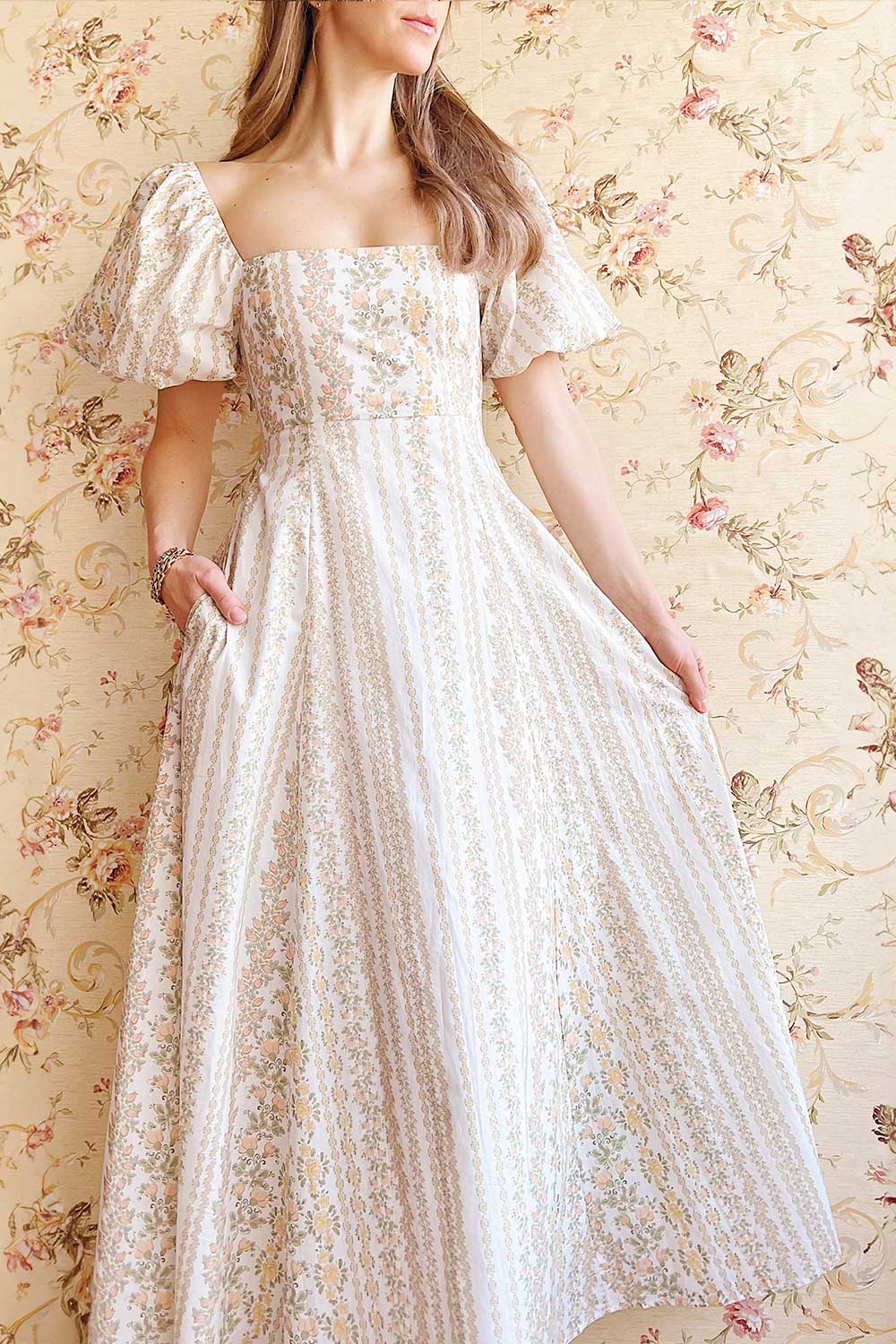 Bachira | Long Floral Dress with Back Tie and Pockets Boutique 1861 on model