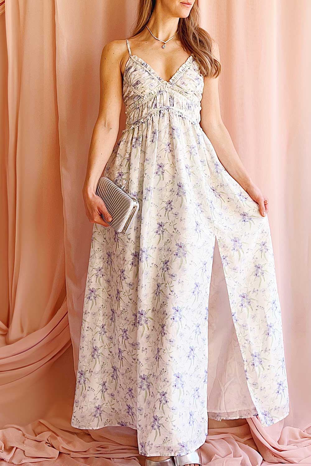 Diurnia | Shimmery Maxi Floral Dress w/ V-Neckline Boutique 1861 on model