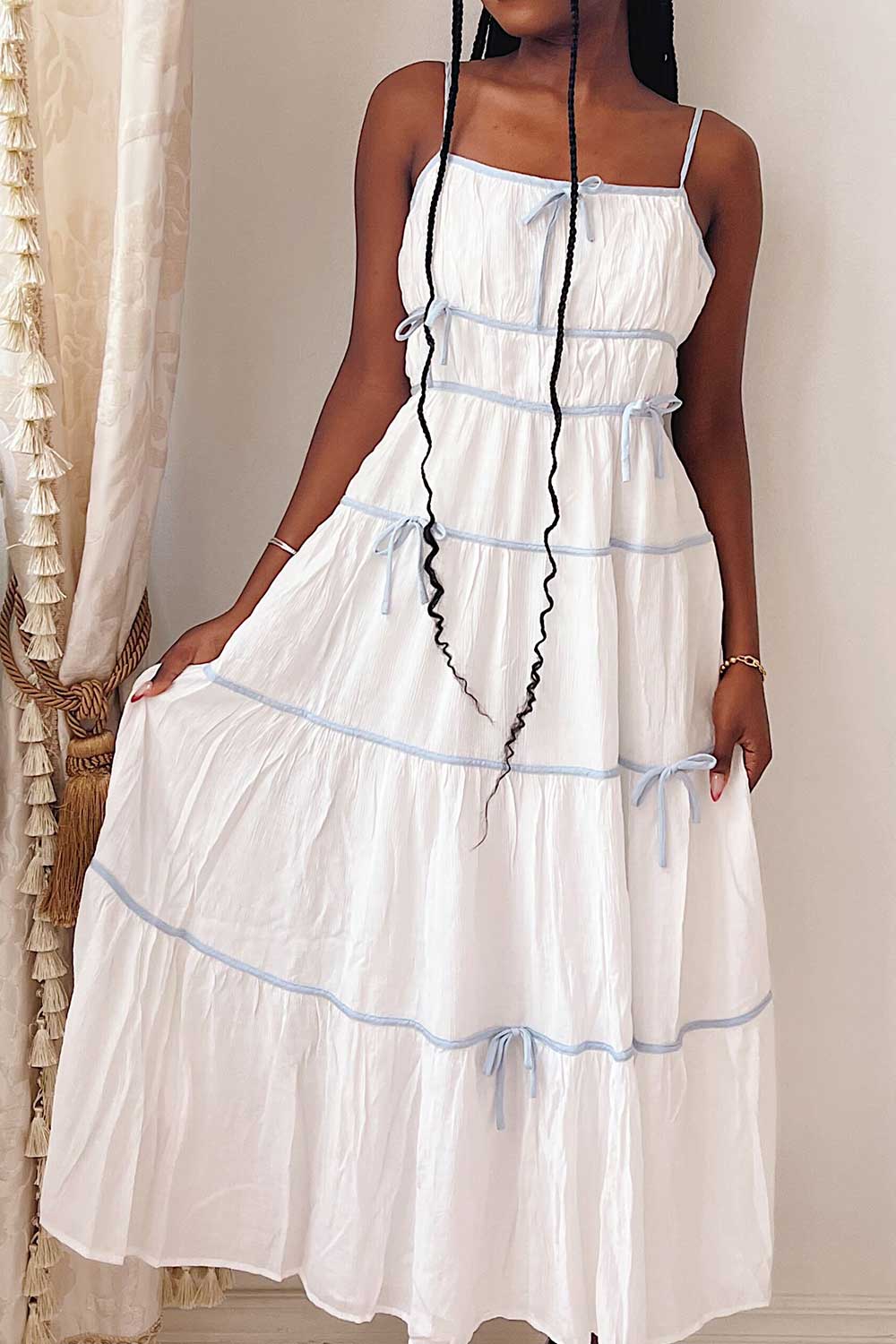 Juliriel | White Midi Dress w/ Blue Ribbons Boutique 1861 on model
