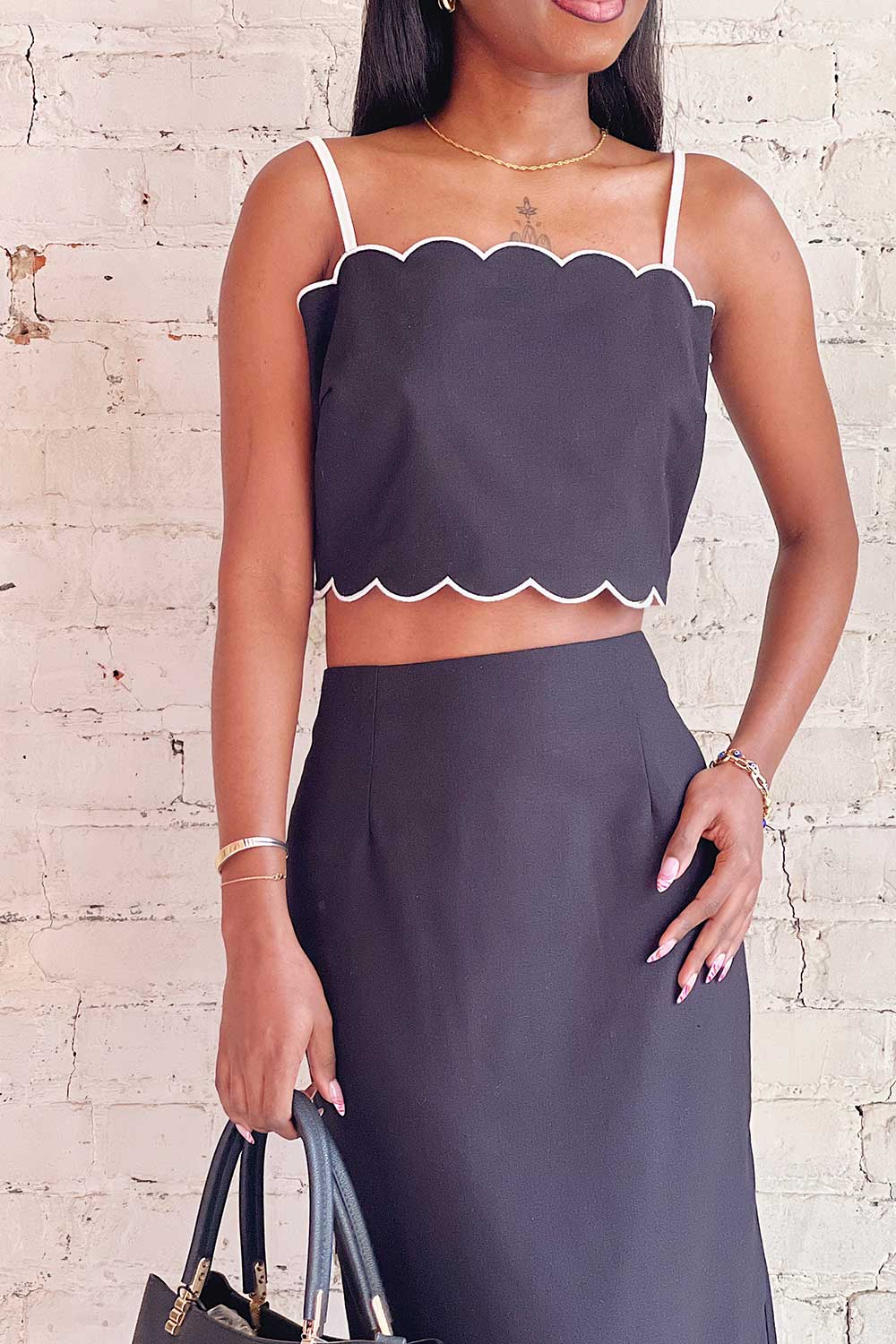 Kalila | Black Cropped Top w/ Scalloped Hemline Boutique 1861 on model