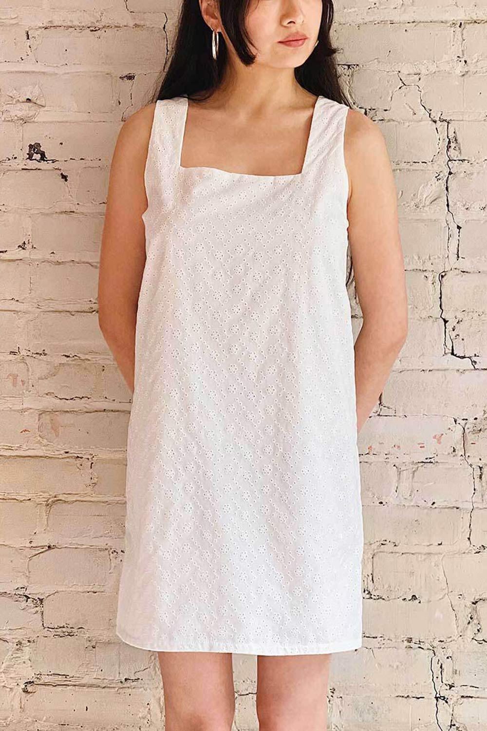 Dailystory Larah White Eyelet Embroidered Mini Dress on model