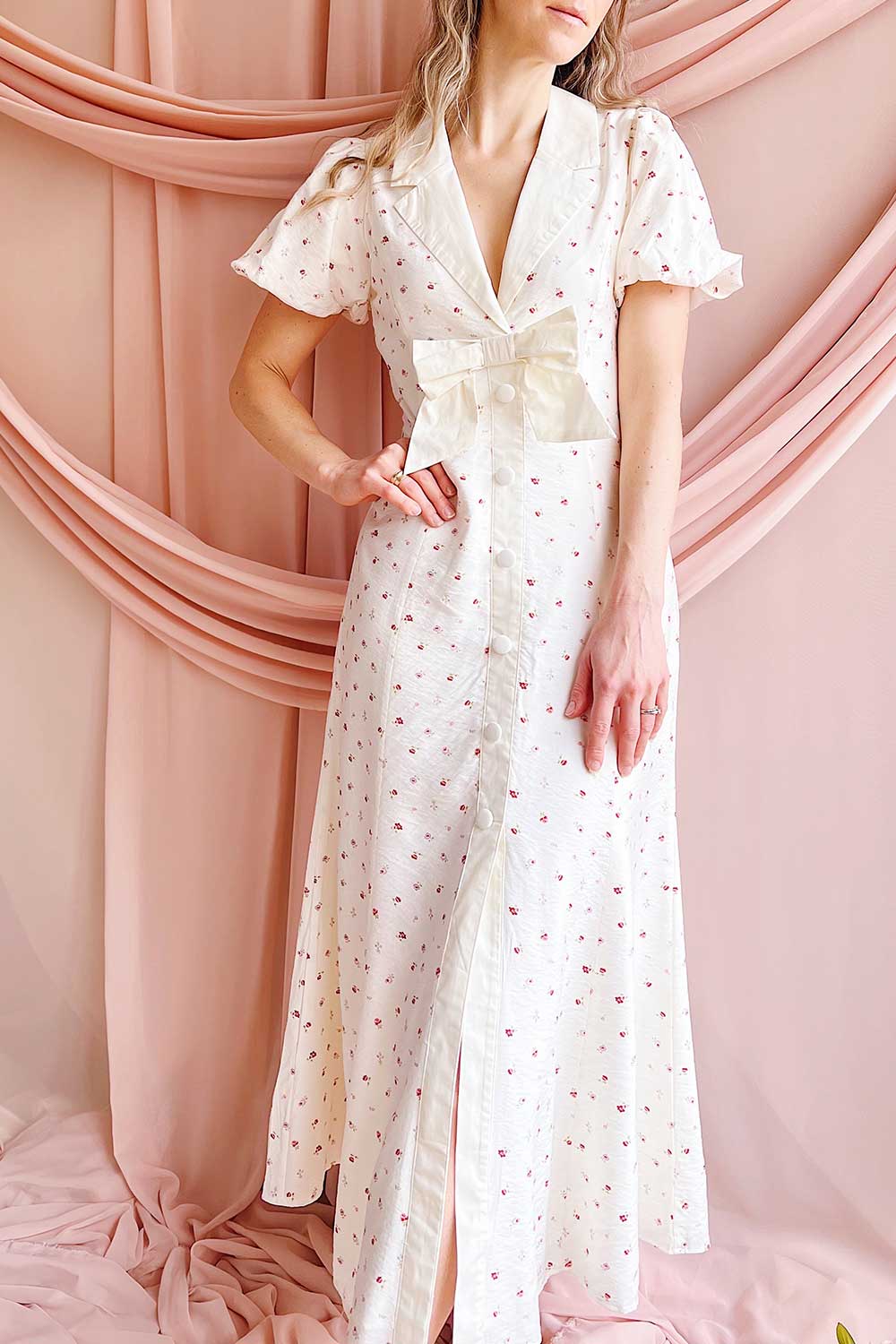 Mayumi | Ivory Floral Maxi Dress with Bow Detail Boutique 1861 on model
