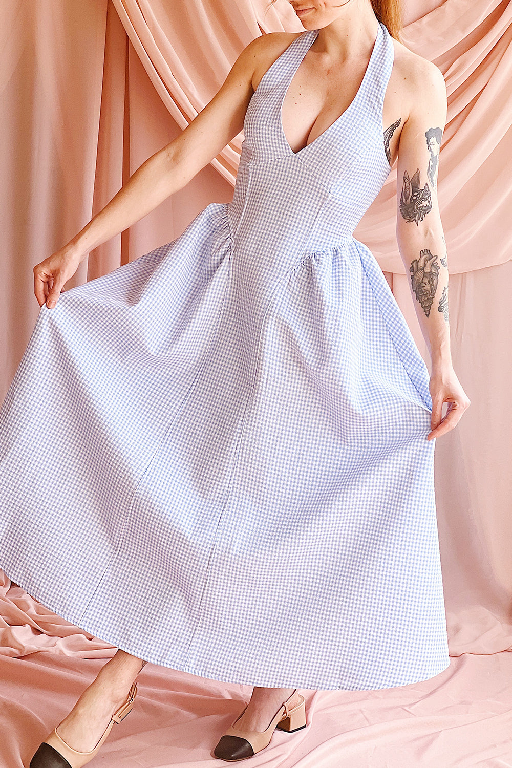 Typhanie | Long Halter Gingham Dress Boutique 1861 on model