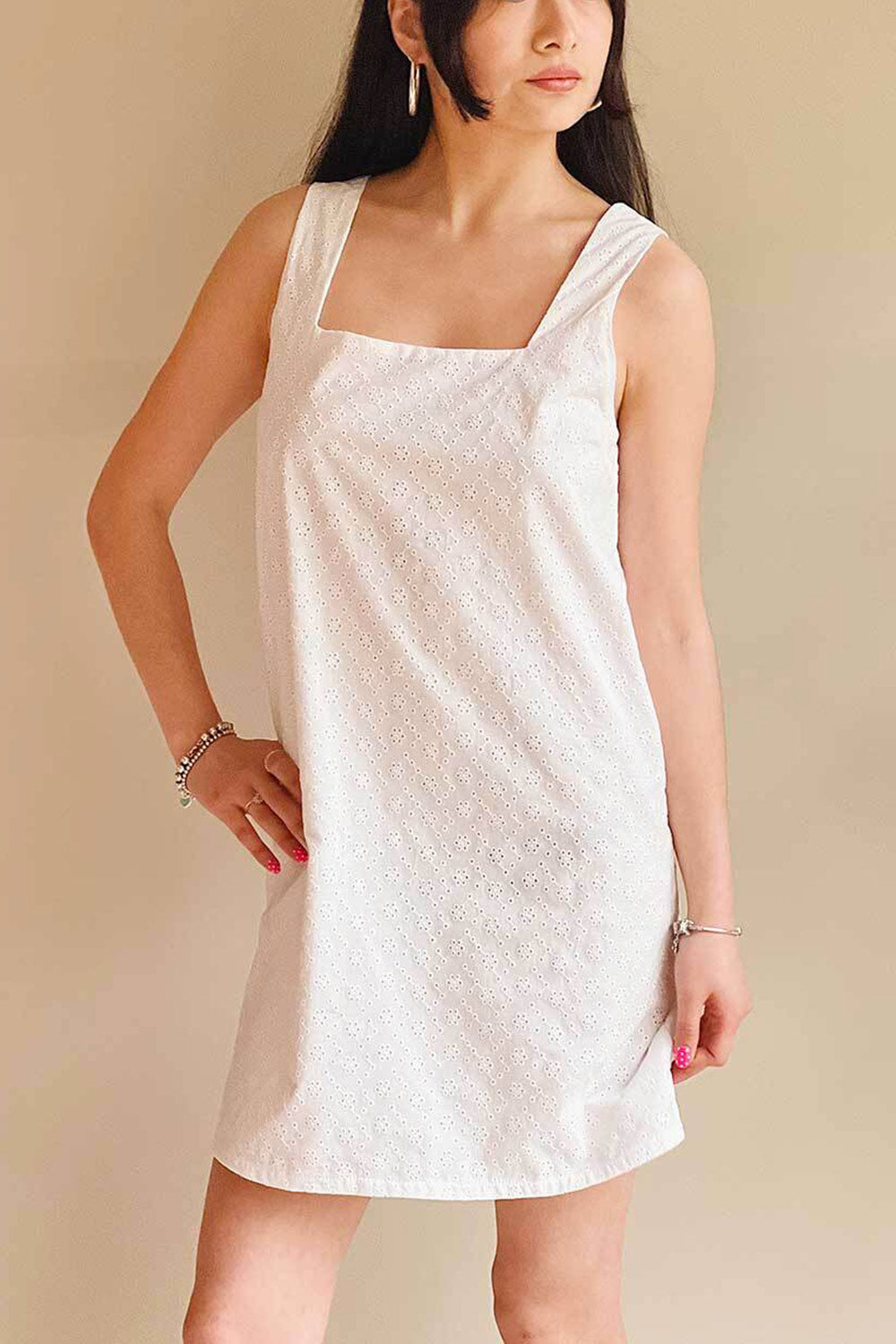 Dailystory Larah White Eyelet Embroidered Mini Dress model