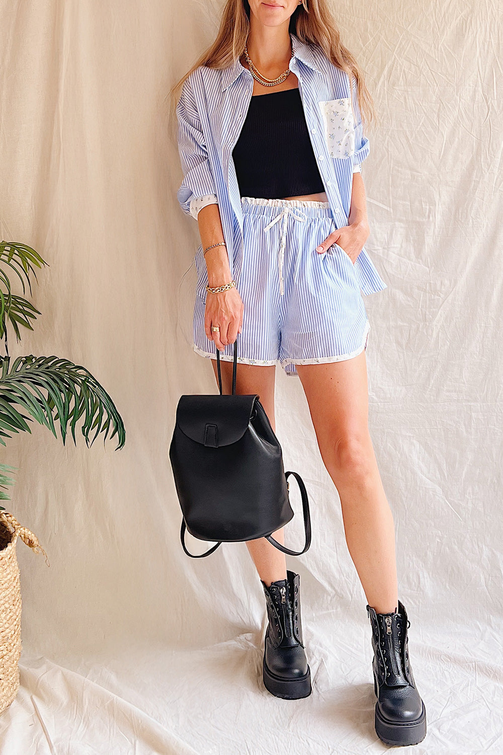 Patan Blue | Striped Shorts with Contrasting Floral Details La Petite garçonne on model