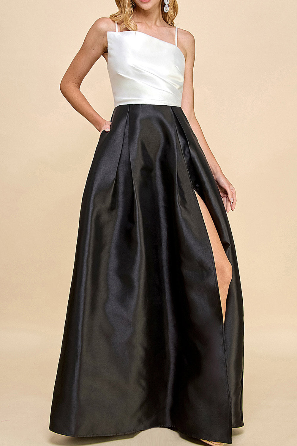 Adanel Black & White Maxi Dress w/ Slit | Boutique 1861 on model