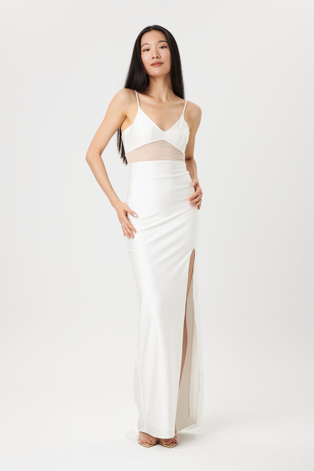 Angelina Ivory | Maxi Dress w/ Mesh Underbust on model