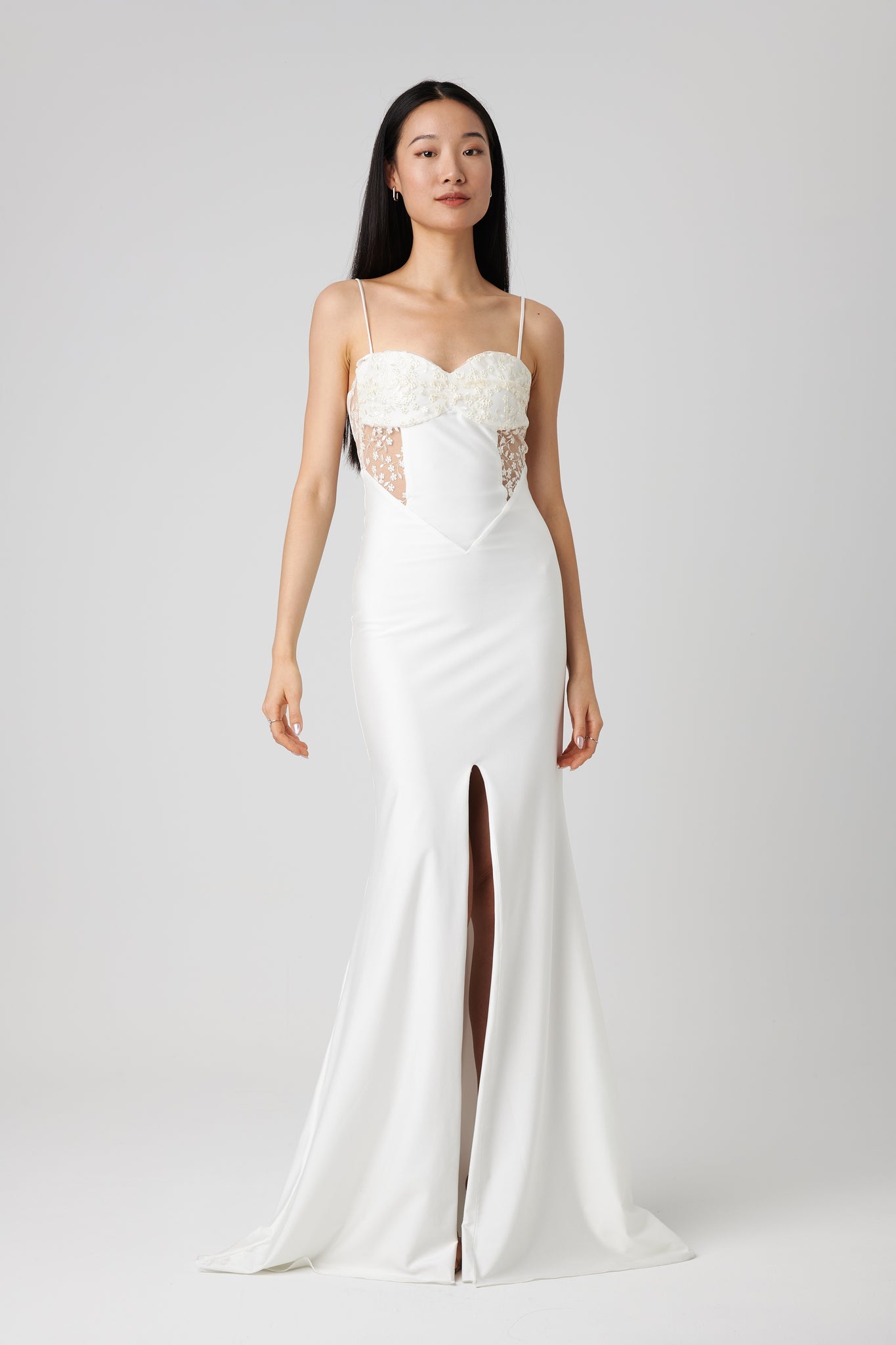 Elaria Ivory | Embroidered Fitted Wedding Dress on model
