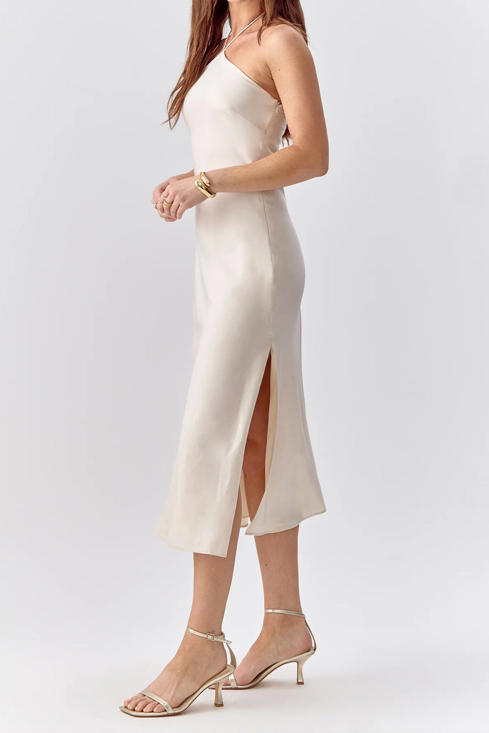 Fladnbury Beige | Satin Midi Halter Dress
