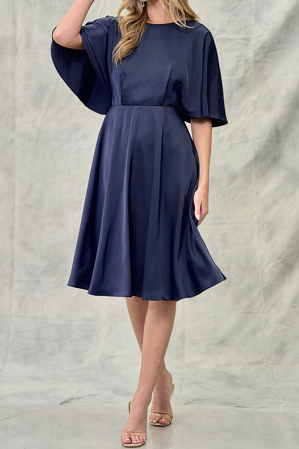 Tordis Navy Satin Midi Dress w/ Bell Sleeves | Boutique 1861 Rollover