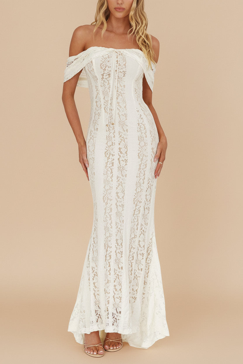 front of a woman wearing Sangaya Off-Shoulder Cream Lace Maxi Dress from Boudoir 1861