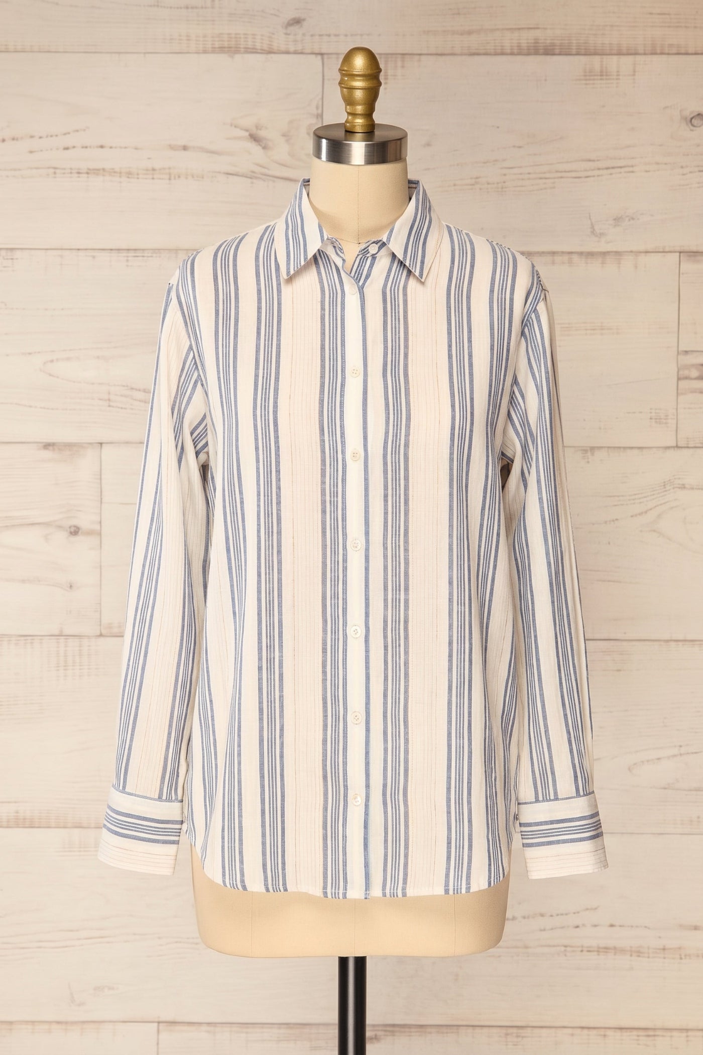 Frontview of Saharsa Blue Oversized Pinstripe Shirt with Gold Metallic Detail at la petite garçonne