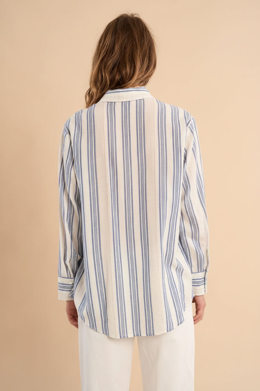 woman backview wearing Saharsa Blue Oversized Pinstripe Shirt from la petite garçonne