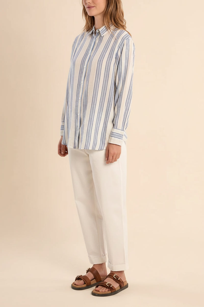 woman profile wearing Saharsa Blue Oversized Pinstripe Shirt from la petite garçonne