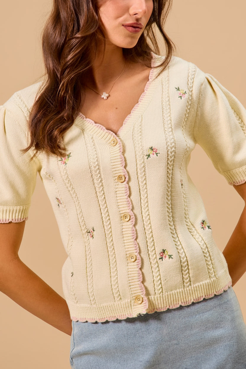 front view of a woman wearing Sanae Cream Floral Embroidered Scallop Edge Knit Cardigan from Boutique 1861