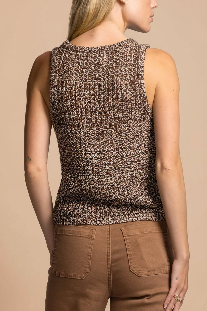 back view of a woman wearing Sancola Brown Crochet Tank Top from La petite garçonne
