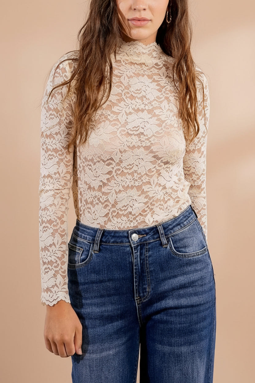 Sarida Beige Sheer Fitted Lace Top | Boutique 1861 front model tuck in